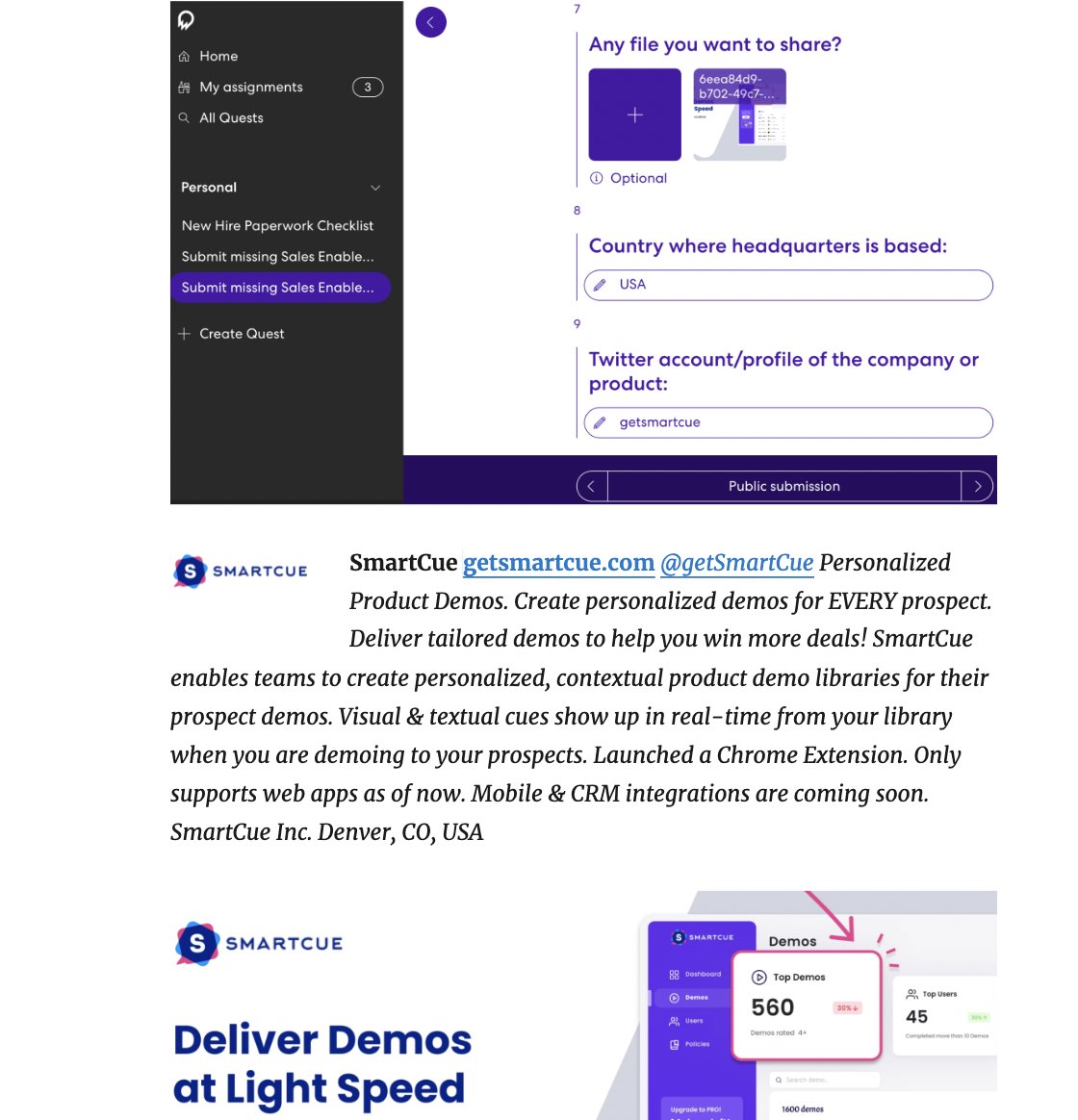 salesenablement's tweet photo. I have gotten a lot of value and efficiency from using #NoCode No Code @questmateapp to let people/businesses submit #content for my #SalesEnablement #MarTech blog and market overview lists. I love that #Questmate allows them to upload #files/images/media unlike most survey tools https://t.co/G7Tgu2PpYj