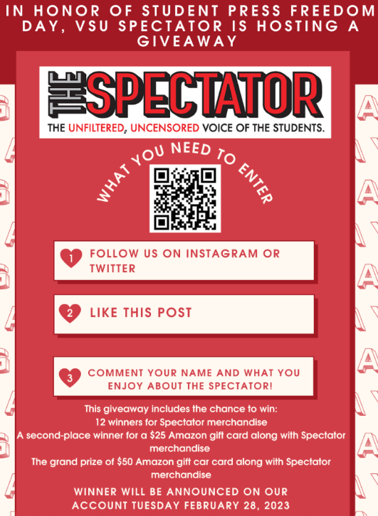 vsuspectator's tweet photo. Happy February Blazers!

The VSU Spectator is hosting a giveaway for Student Press Freedom Day!

The voices of VSU students are heard because of our student journalist being able to speak their truths!

So as a big thanks to our audience, we've decided to celebrate our Blazers! https://t.co/u3Nggcfyyb