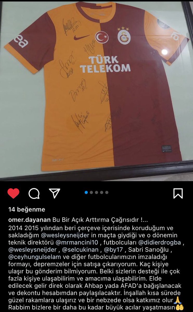 Ali (@mozartvebalinaa) on Twitter photo Değerli abim <a href="/omermcmv/">omermcmv</a>
2014-15 sezonundan sakladığı <a href="/sneijder101010/">Wesley Sneijder</a> <a href="/yilmazburak17/">Burak Yılmaz</a> <a href="/8Selcukinan/">Selçuk İnan</a> <a href="/robymancio/">Roberto Mancini</a> ve diğer futbolcularımızın imzalı formasını açık arttırmayla satışa koyup gelirini <a href="/ahbap/">Ahbap</a> kuruluşuna bağışta bulunacaktır lütfen yayalım <a href="/Merihdemiral/">Merih Demiral</a>
#deprem
#Ahbap Değerli abim <a href="/omermcmv/">omermcmv</a>
2014-15 sezonundan sakladığı <a href="/sneijder101010/">Wesley Sneijder</a> <a href="/yilmazburak17/">Burak Yılmaz</a> <a href="/8Selcukinan/">Selçuk İnan</a> <a href="/robymancio/">Roberto Mancini</a> ve diğer futbolcularımızın imzalı formasını açık arttırmayla satışa koyup gelirini <a href="/ahbap/">Ahbap</a> kuruluşuna bağışta bulunacaktır lütfen yayalım <a href="/Merihdemiral/">Merih Demiral</a>
#deprem
#Ahbap