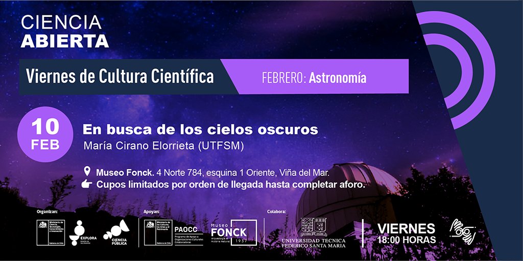 mariacirano's tweet photo. Este viernes 10 de febrero a las 18.00 h estaré conversando sobre Contaminación Lumínica, iluminación urbana y más en el @museofonck de #ViñadelMar 🌃 en el ciclo Viernes de Cultura Científica de @exploravalpo 

¡Nos vemos!

@astrosaval @usantamaria @arqUSM https://t.co/ciRkrBGysE