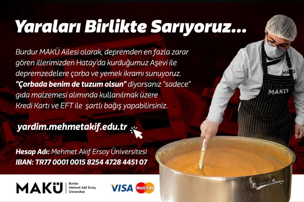 Değerli Büyük MAKÜ ailesi, yaraları birlikte saralım diye, üniversite olarak depremin ağır hasar verdiği noktalardan biri olan Hatay- Antakya’da aşevimiz devreye girdi. Uzunca bir müddet burada kalacağız gibi görünüyor. Desteğinize ihtiyacımız var.