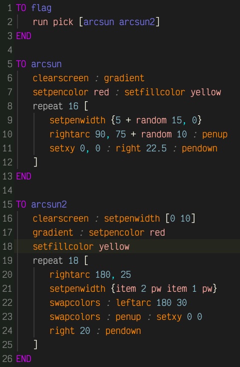 TurtleSpaces's tweet image. Two simple sun designs made in artSpace using graduated penwidths, arcs and gradients 
turtlespaces.org/weblogo/?pub=3… 
#logocoding #computerart  #kidscoding #codingforkids #learningtocode #simplecoding #turtleart #stemed