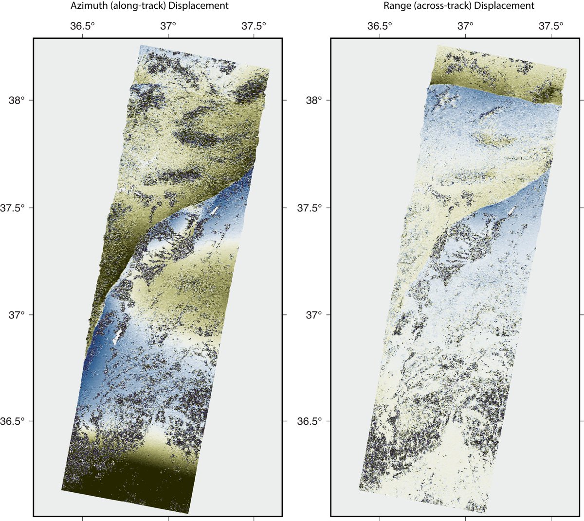 M7.8 Turkey (2023.02.06) M7.5 Turkey (2023.02.06) earthquake.usgs.gov/earthquakes/ev… earthquake.usgs.gov/earthquakes/ev… Range and azimuth offsets ALOS-2 path 78, frame 2850-2890 Imagery courtesy of JAXA and facilitated by NASA