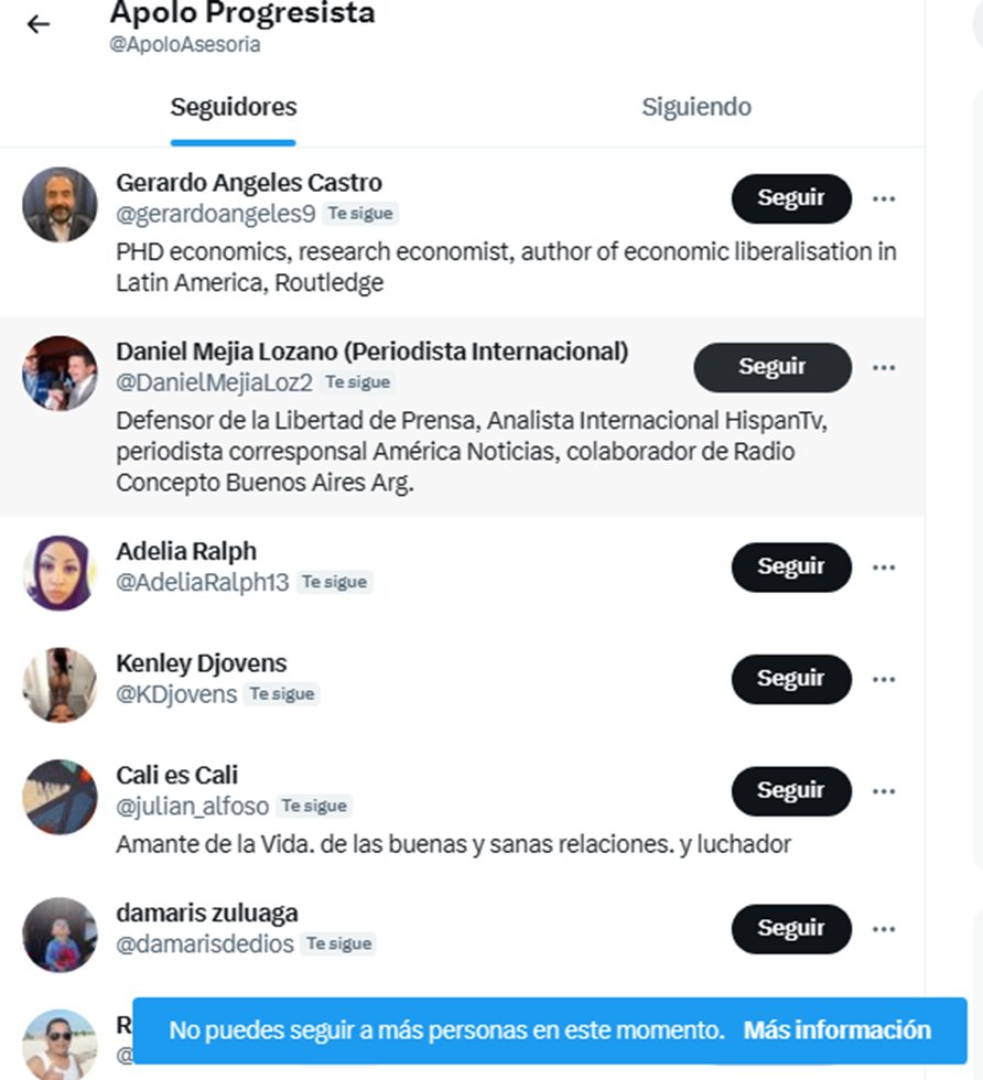 ApoloAsesoria's tweet photo. #RedProgresista #ProgresistaSigueProgresista @petrogustavo De nuevo Twitter censurando y manipulando las cuentas de los progresistas... Hace días no me dejaba entrar a la cuenta y ahora no me deja seguir a nadie y no puedo acceder a mis mensajes.. #PisandoCallos ??? https://t.co/wv1QcrOIep