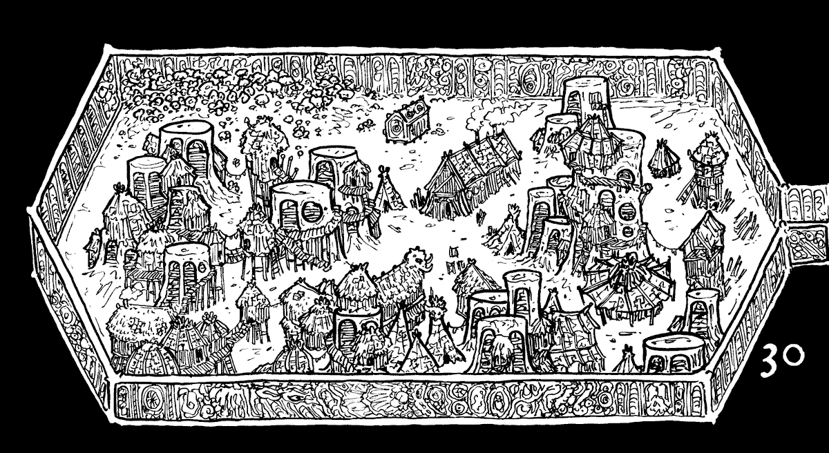 Edweirdian's tweet photo. The latest update for my #dungeon23, the Apocalypse Archive - areas 25-30, featuring the goblins of the Fodder Clan. The goblins squat in the tomb of Zothotep fhe Hyperlich, using his ever-replenishing canopic jars as a gruesome pantry: https://t.co/aE4IfH6Nvo https://t.co/J4eLy6dGKf