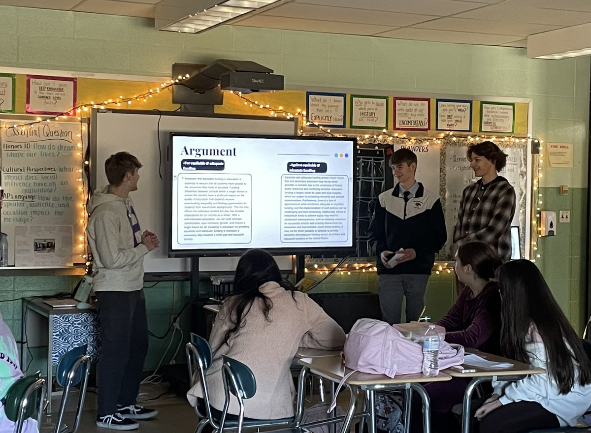_Mrs_Roberge's tweet photo. This past week AP Lang students presented their arguments, research, and potential changes to be made on a chosen issue in our education system- underfunding, standardized testing, and the relevancy of curriculum were just some of the topics covered! https://t.co/FZldXo313W