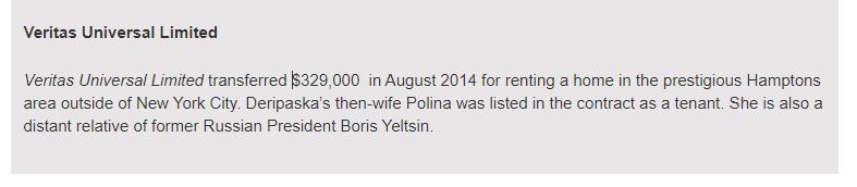 In the #FincenFiles it was revealed Deripaska shifted $3Bn of suspicious origin through a small Latvian bank, Expobank
Veritas Universal transferred $329k in Aug 2014 for rent on a NY apartment for Deripaska's then wife Polina. 
x.com/shady_inf0/sta…