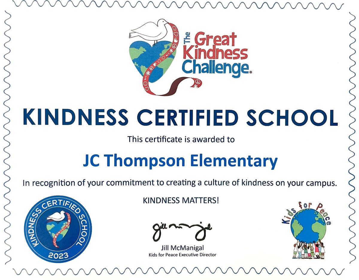J.C. Thompson Elementary (@jctelementary) on Twitter photo We are so proud to be a ”Kindness Certified School”, awarded by Kids for Peace! Way to go, Trailblazers! ❤️👏 <a href="/LAERomer/">Leigh Anne Romer</a> <a href="/SarahThornellTX/">Dr. Sarah Thornell</a> <a href="/NorthwestISD/">Northwest ISD</a> We are so proud to be a ”Kindness Certified School”, awarded by Kids for Peace! Way to go, Trailblazers! ❤️👏 <a href="/LAERomer/">Leigh Anne Romer</a> <a href="/SarahThornellTX/">Dr. Sarah Thornell</a> <a href="/NorthwestISD/">Northwest ISD</a>