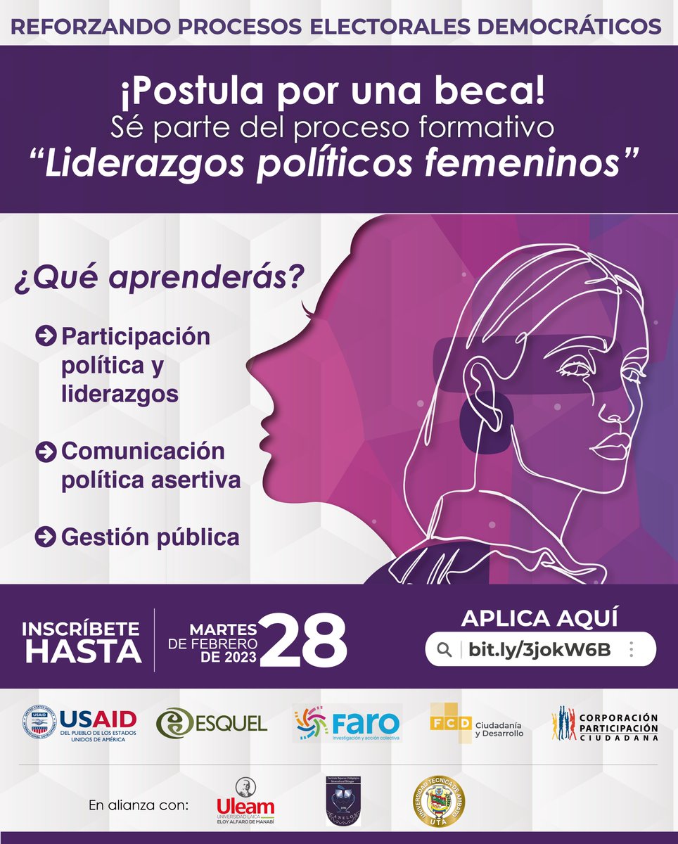 FundacionEsquel's tweet photo. 🤝#LiderazgosFemeninos #Convocatoria | ¿Eres una mujer con capacidad de liderazgo político o social?
💻Postula  por una beca académica aquí 👉https://t.co/VVcinG1uYk
📌@USAIDLAC @FundacionEsquel @FARO_org  @FCD_Ecuador @ParticipacionPC https://t.co/mjeevY714L