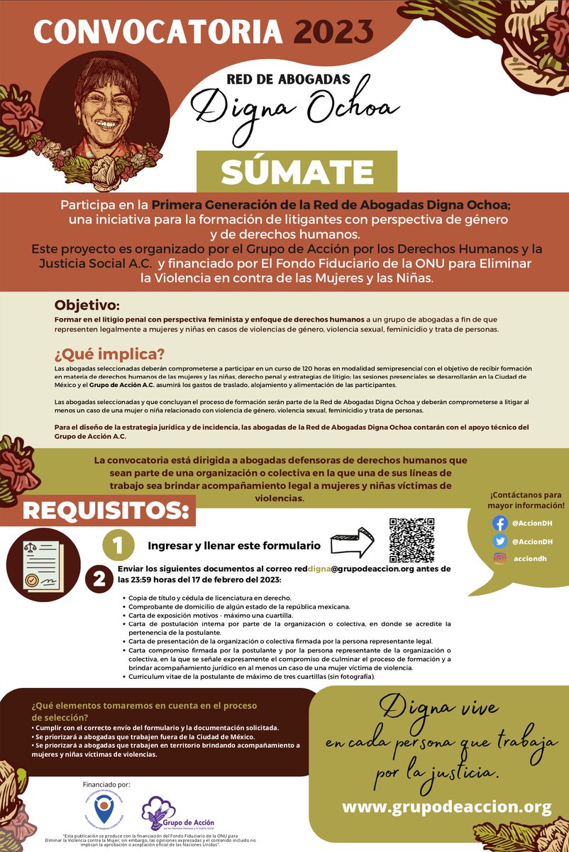 AccionDH's tweet photo. 🟣 C O N V O C A T O R I A  🔎 BECAS

📩 ¡Grupo de Acción A.C. te está buscando! 

Forma parte de la 1a generación de la Red de Abogadas DIGNA OCHOA para erradicar las violencias en contra de las mujeres y las niñas.

👉FECHA LÍMITE: 17 DE FEBRERO DE 2023.

🟣  LAS BASES AQUÍ👇 https://t.co/Y8B7ems9yE