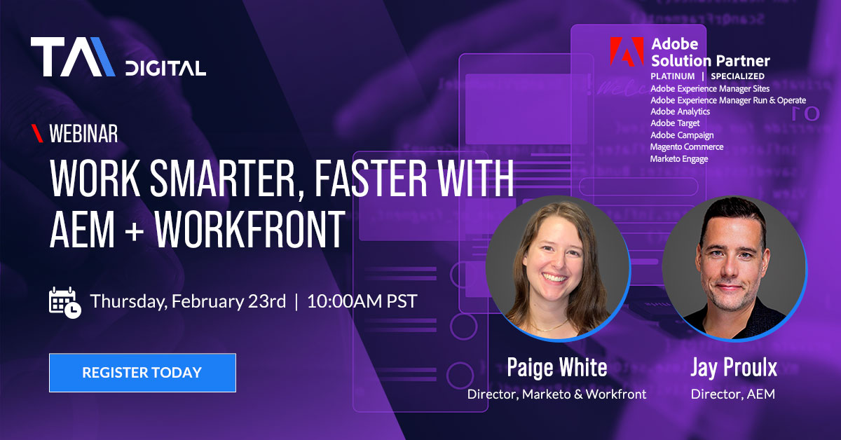 TADigitalInc's tweet image. Say goodbye to manual workflows and hello to enhanced customer experience! Join our webinar to learn how TA Digital&apos;s #ContentFactory, powered by #Adobe, can streamline processes and simplify content management. Register now! #TADigital