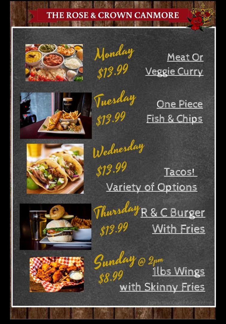 Canmore's best deals are on almost every day of the week @therosecanmore! Stop in for lunch or after a day on the slopes.
Great food Friendly Staff and beers on tap galore!
#downtowncanmore #therosecanmore  #wingnight #bestburgers #canmorekananaskis #taconight #canmore #irishpub