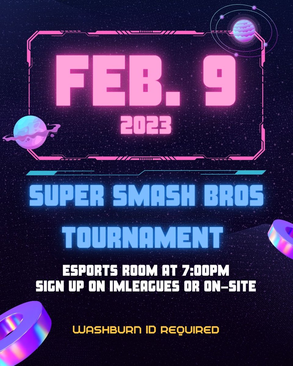 TOMORROW
Join us at our esports room for a Super Smash Bros. tournament at 7:00pm!