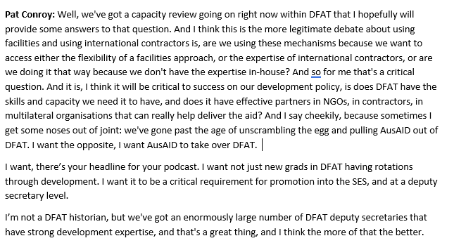 International Development Minister Pat Conroy tells @JessicaM_London that he wants development specialists to 'take over' DFAT in comments which he predicts might just put noises out joint (he may not be wrong on this)