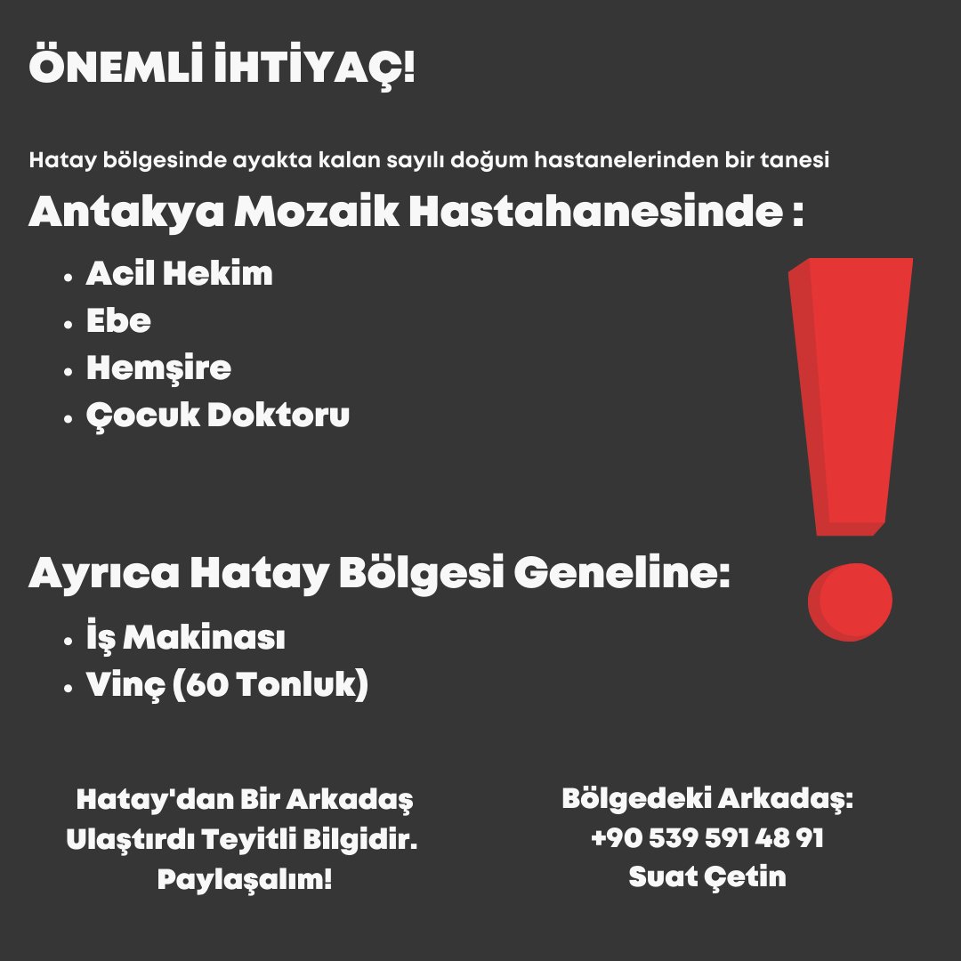 Hatay'dan bir arkadaş ulaştırdı bu bilgiyi. Bu Hastahane ayaktaymış iletisim bilgisi mevcut. 
Bölgedeki doktorlar görüp gidebilirler.
Paylaşalım...

<a href="/OguzhanUgur/">Oğuzhan Uğur</a> <a href="/ahbap/">Ahbap</a> <a href="/BabalaTv/">BaBaLa TV</a> <a href="/ProfDemirtas/">Özgür Demirtaş</a> <a href="/c__dursun/">Çağrı Dursun</a> <a href="/benfurkankilic/">Furkan Kılıç</a> <a href="/SonerKuyucu/">Soner Kuyucu</a> <a href="/fkadev/">fatih kadir akın</a> <a href="/sevimlicerenli/">Cerry</a> <a href="/Evseksisi/">Kıvanç</a> 
<a href="/gutitoli/">Tolunay Ören</a>