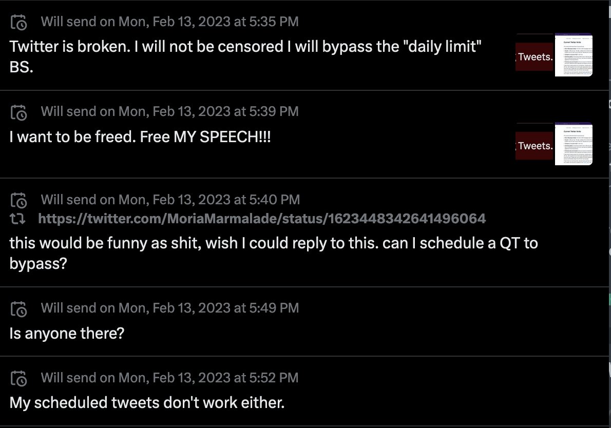 JekZinder's tweet image. All my scheduled tweets that didn't get through. What will happen to them. #DailyLimit #TwitterBroken #FuckElon
