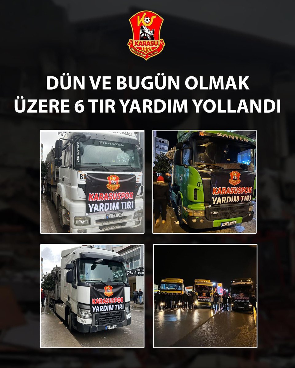 Depremin 1. Ve 2. Günü olmak üzere 6 tır yardımı sizler sayesinde yolladık. Tüm Karasuspor camiasına ve Karasu halkına yardımseverliği için teşekkür ederiz. 🙏 #deprem