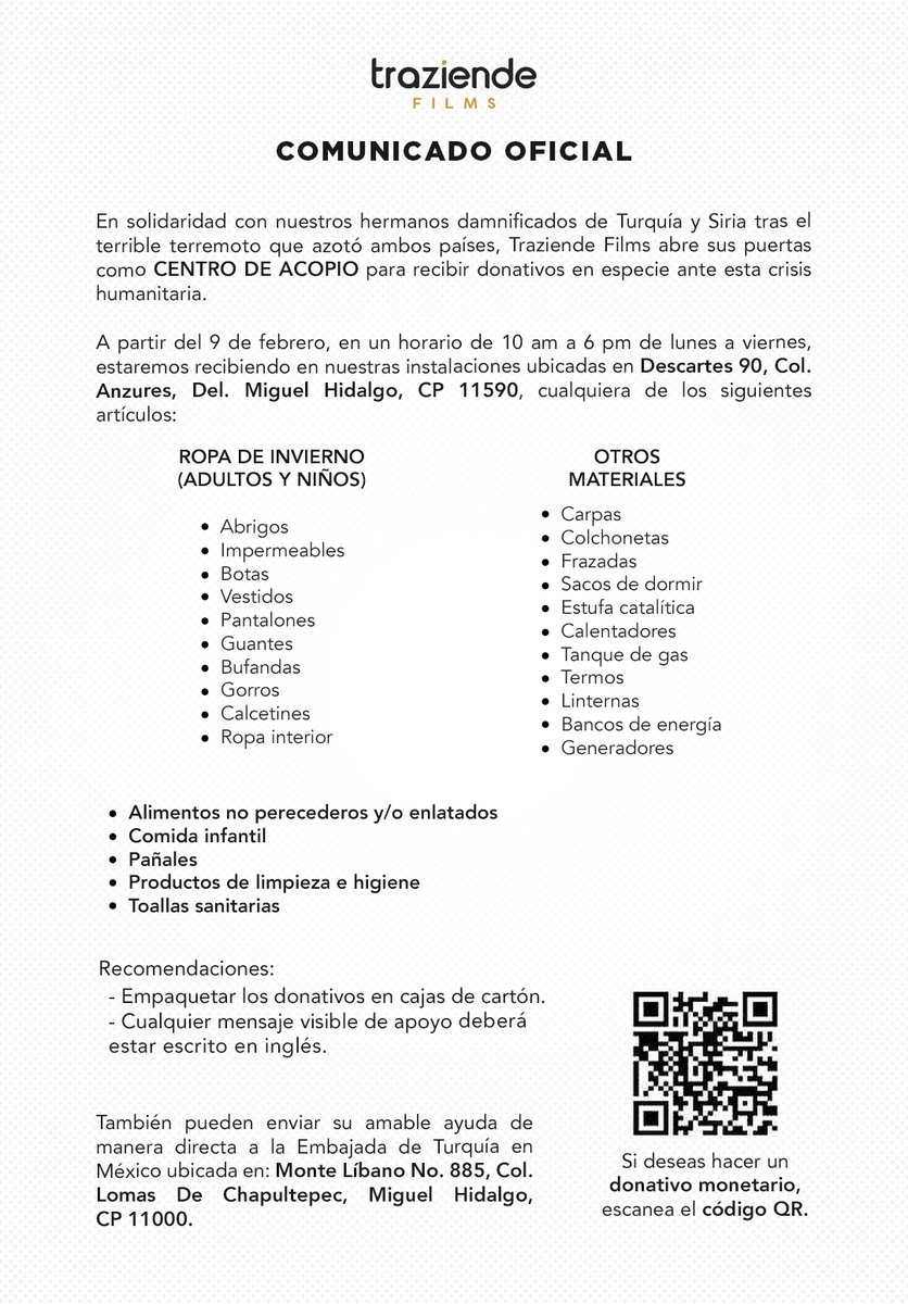 Es momento de ayudar.

#Siria #Turquía #PrayForTurkeyAndSyria #TraziendeFilms #Acopio