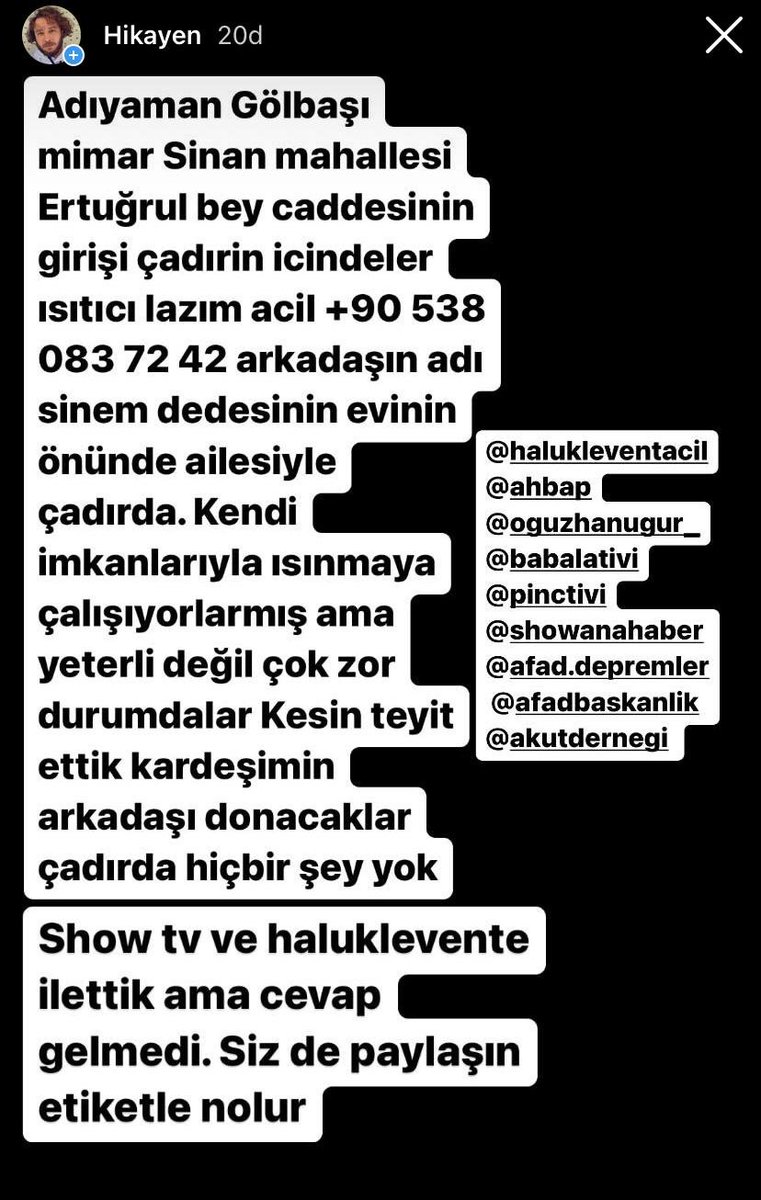 Çok acil paylaşın donacaklar..!! az önce görüştük. ! <a href="/ahbap/">Ahbap</a> <a href="/OguzhanUgur/">Oğuzhan Uğur</a> @ahbaphatay <a href="/ShowTV/">Show TV</a> <a href="/ProfDemirtas/">Özgür Demirtaş</a> <a href="/PincTivi/">PincTv</a> <a href="/haluklevent/">Haluk Levent ( Ahbap Ekibi )</a> <a href="/AFADBaskanlik/">AFAD</a> <a href="/DepremDairesi/">AFAD Deprem</a> @AKUT_Dernegi