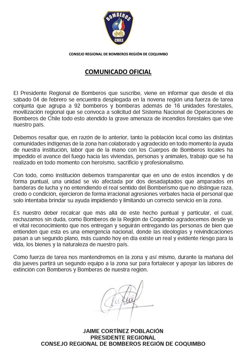 BomberosdeChile's tweet photo. 𝗗𝗘𝗖𝗟𝗔𝗥𝗔𝗖𝗜𝗢́𝗡 | Bomberos de la Región de Coquimbo seguirán prestando apoyo en el combate de los #IncendiosForestales, pese a agresión sufrida. https://t.co/eKmYDSk4UO