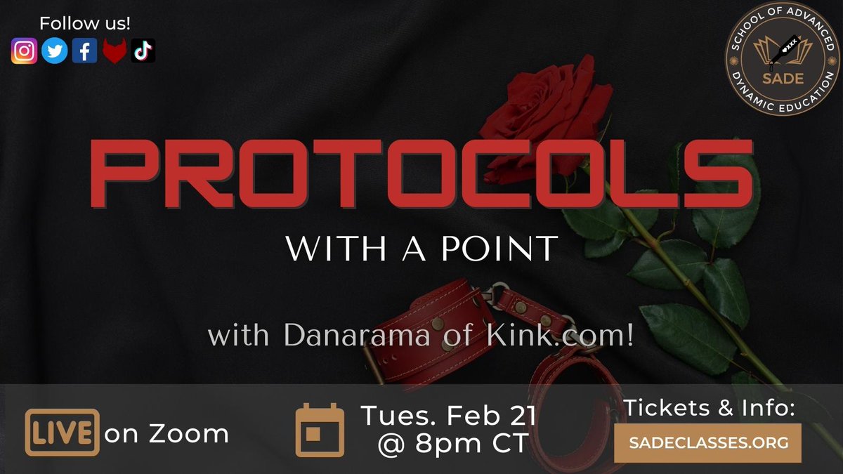 Protocols with a Point - with Danarama of Kink.com! ⛓️❤️📜
📍 GoBrunch
🗓️ Tues. Feb 21, 2023 ⏰ 8:00pmCT
🎫 tickets: sadeclasses.org/events/protoco… 

Join us as @DanaramaSF shares his perspective on creating protocols that are relevant, intentional, and meaningful.