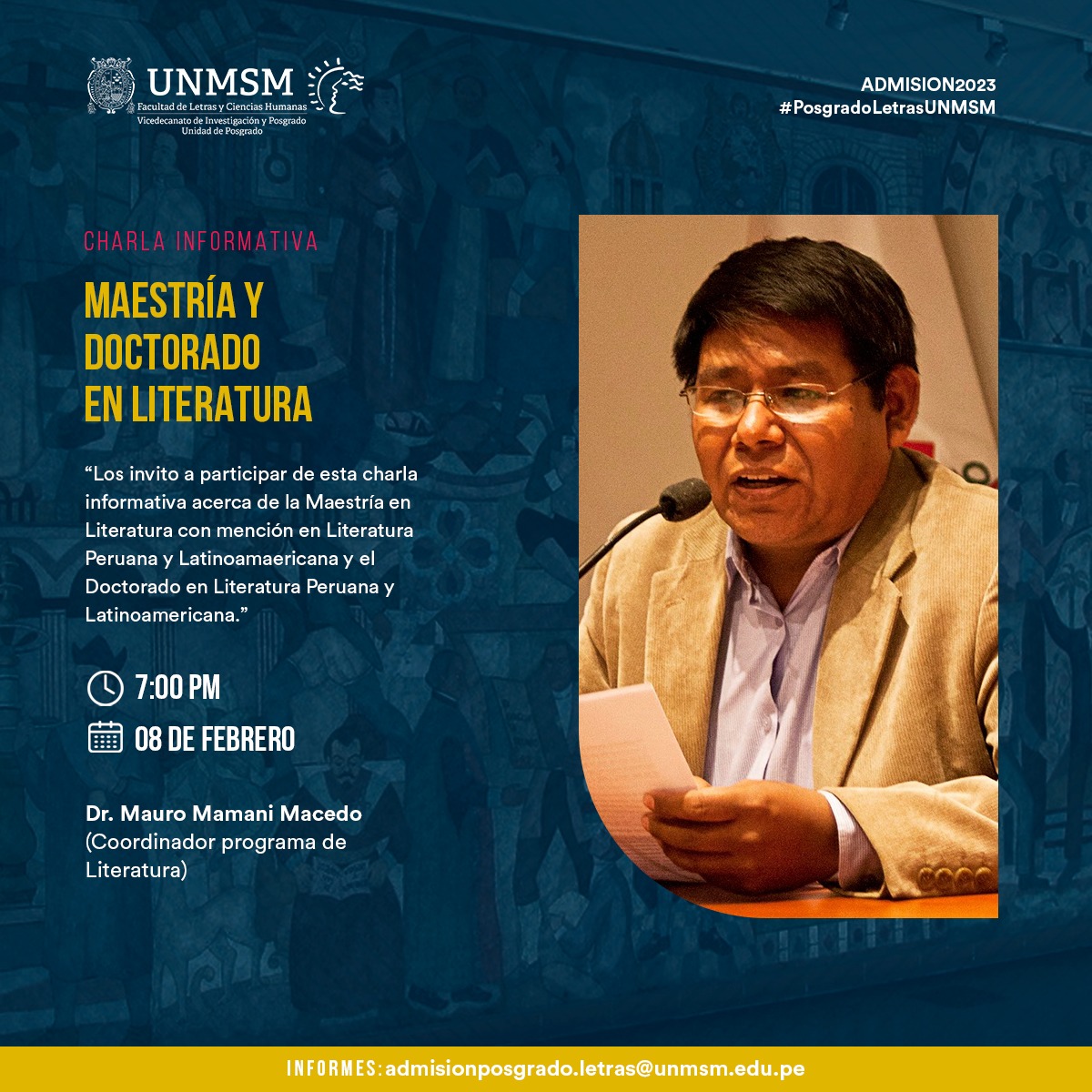 PGLetras_UNMSM's tweet photo. Proceso de Admisión 2023 #PosgradodeLetrasUNMSM
Charla Informativa - Maestria y Doctorado en Lietratura Peruana y Latinoamericana.
Pueden ingresar hoy a las 7:00 pm. al Facebook Live
https://t.co/8ZdByzgrMv https://t.co/Z6wAe8o4ku