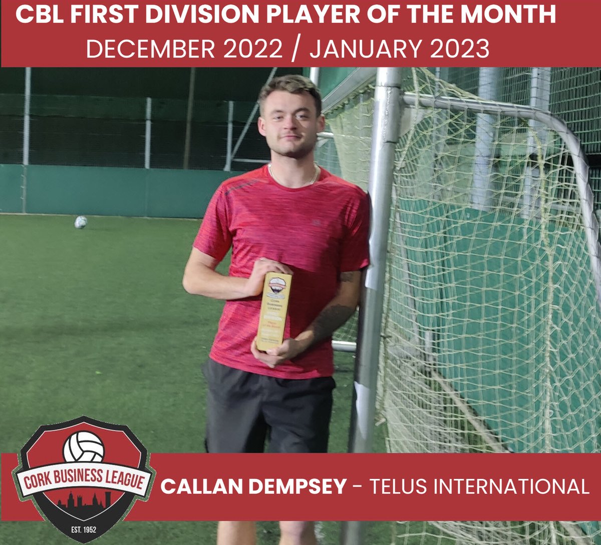 CorkBusinessLge's tweet photo. CALLAN'S KICKS

Cork Business League First Division Player of the Month - December 2022 / January 2023

Callan Dempsey -  @FcTelus // @TELUS // @TELUSsupport 👏🏻 

#SexyCBL #CorkSoccer https://t.co/gp9rFBrahW