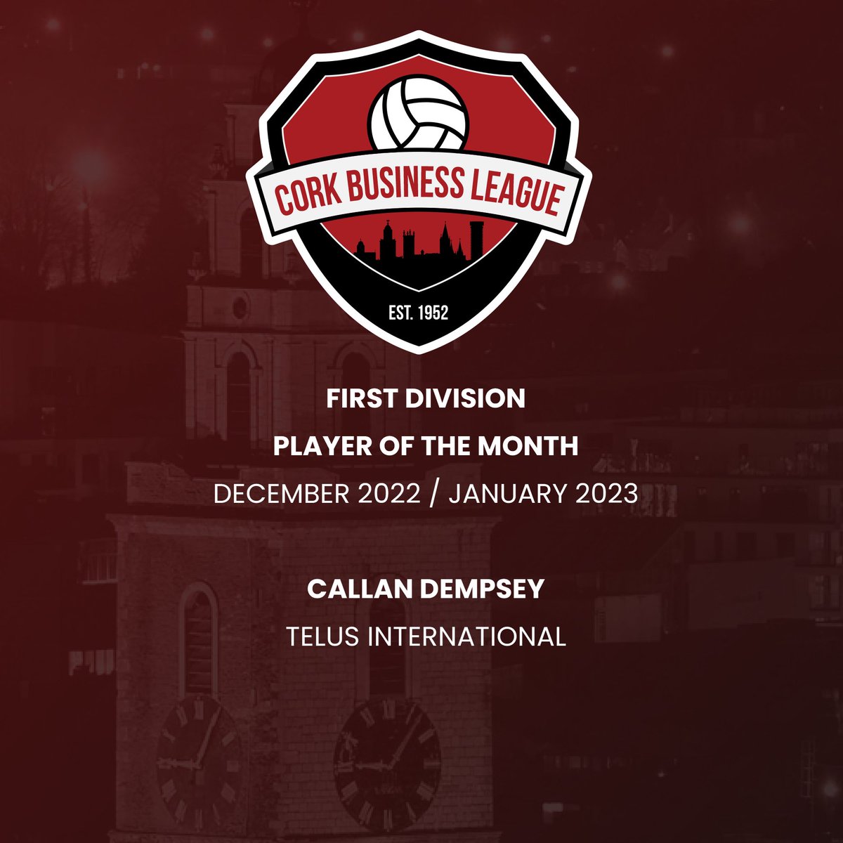 CorkBusinessLge's tweet photo. CALLAN'S KICKS

Cork Business League First Division Player of the Month - December 2022 / January 2023

Callan Dempsey -  @FcTelus // @TELUS // @TELUSsupport 👏🏻 

#SexyCBL #CorkSoccer https://t.co/gp9rFBrahW