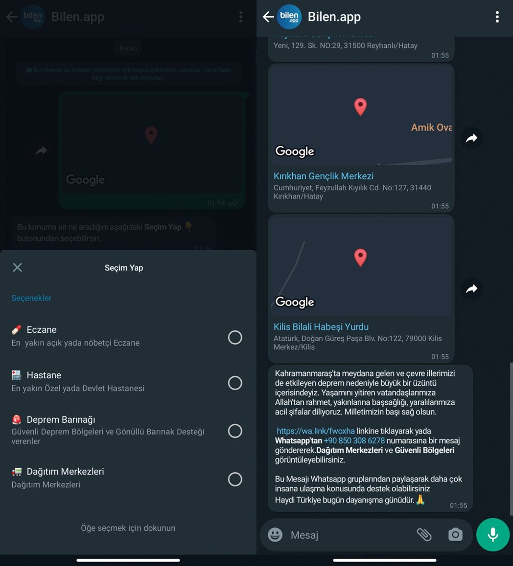 Bilen.app servisimize +90 850 308 6278 telefon numarası ile WhatsApp üzerinden,
bilen_bot kullanıcı adı ile Telegram üzerinden ulaşabilirsiniz.

WhatsApp: wa.link/fwoxha
Telegram: t.me/bilen_bot

#deprem #barınak #dağıtımmerkezleri #güvenlibölge