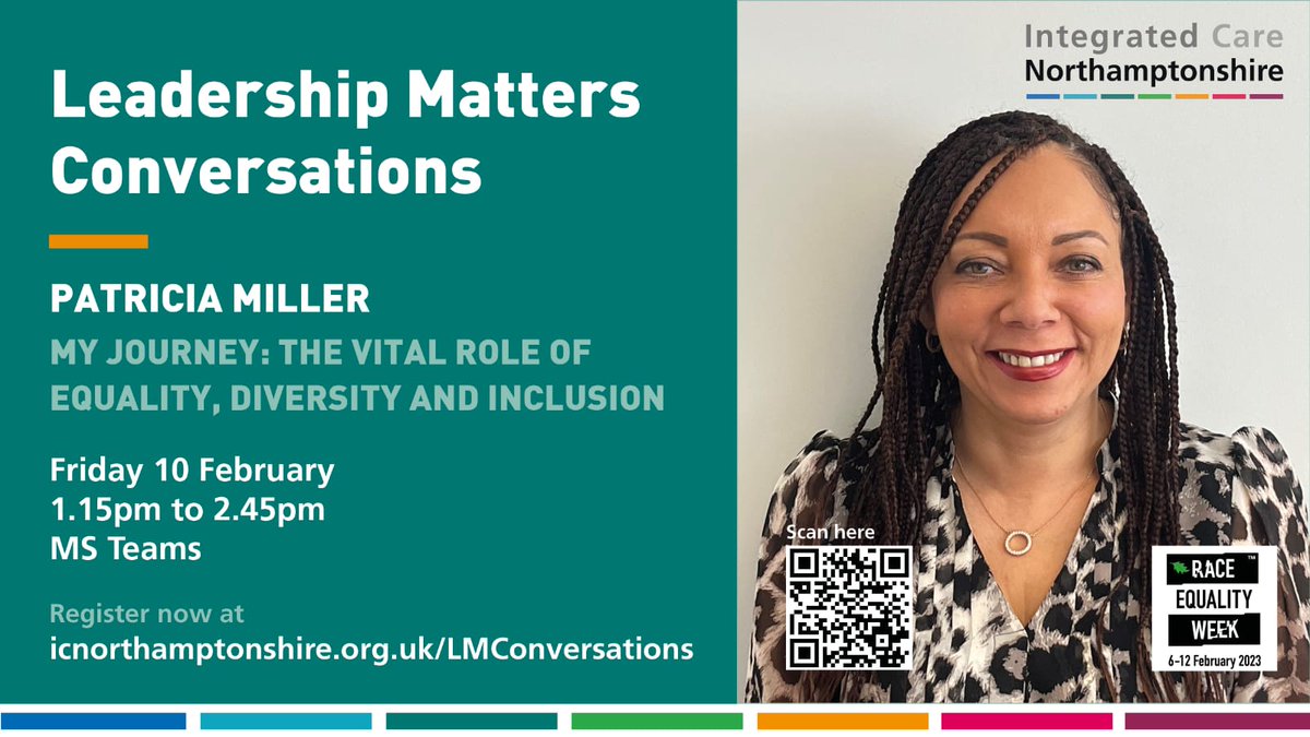 Final #RaceEqualityWeek2023 session @ICNorthants featuring @P_MillerNHS. Friday 10 Feb at 1.15pm. Hear about Patricia's journey & passion for #EDI. @sandramellors @samanthallen @POSNetworks @AngelaHillery @NHSE_Paul @HeidiSmoult @KGH_CEO @MarieGNHS @yvonnecoghill1 @JacynthIvey