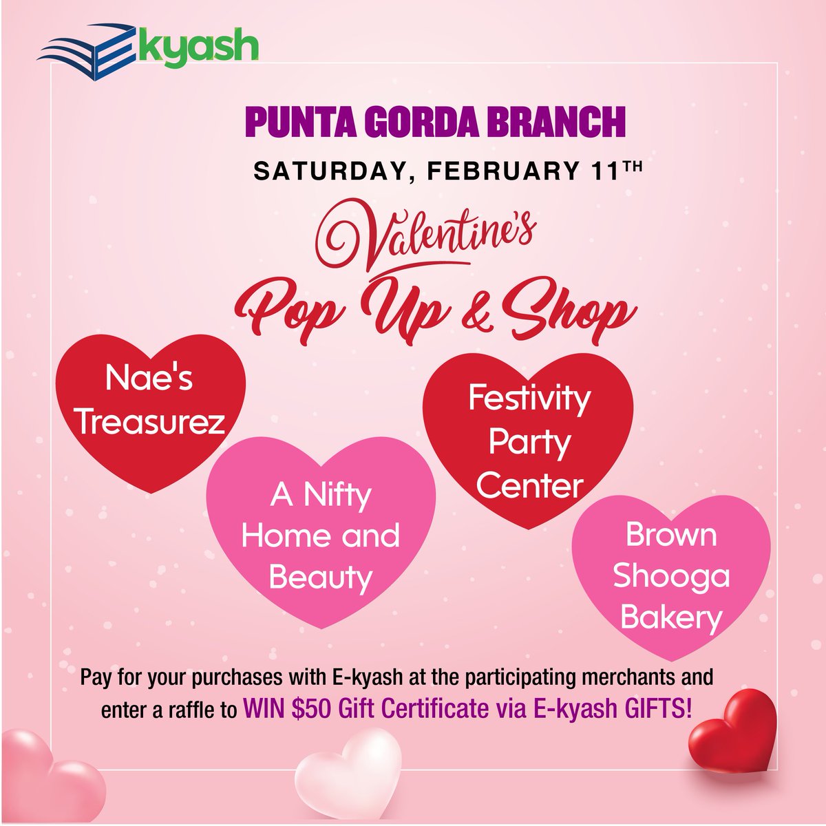 belizebankltd's tweet photo. With just a few days away...get ready for Punta Gorda Branch's Valentine POP Up &amp; SHOP event 💝

With every E-kyash purchase, you can be 1 of 2 lucky customers to WIN a $50 Gift Certificate via E-kyash Gifts 🎁 

#NoCashNoProblem #EKYASH #digitalcash https://t.co/iD9WeplpP2