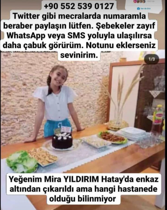 sezerozsan's tweet photo. Mira Yıldırım, 12 yaşında.
8 Şubat’ta, saat 13'te Hatay Antakya’daki Rönesans Sitesi’nde enkazdan çıkarıldı ve sivil bir araca verildi.
O saatten beri ulaşılamıyor! @sadecebilalya
#HalukLevent #OguzhanUgur #babalatv #PincTV  #Diyarbakir #Hatay #AFAD #icisleribakanlığı #ShowTv https://t.co/Pb1hjyJK3E