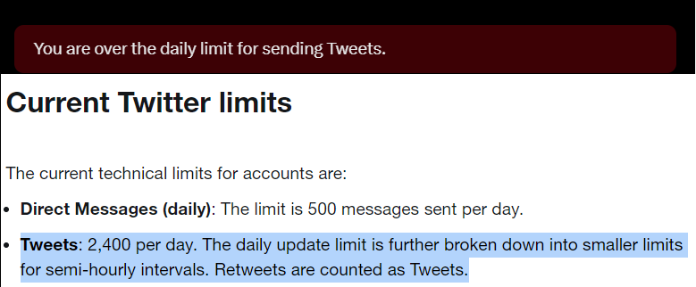 FiddleFella's tweet photo. @HiddenOne_slava I had this, for several hours. Bullshit. I make nowhere near 100 tweets/hour, and did not do so at any point today. I'm not an effing spam bot.
DMs are also 100% failing to send for me.
#twitterIsCollapsing https://t.co/01ore3K8ek