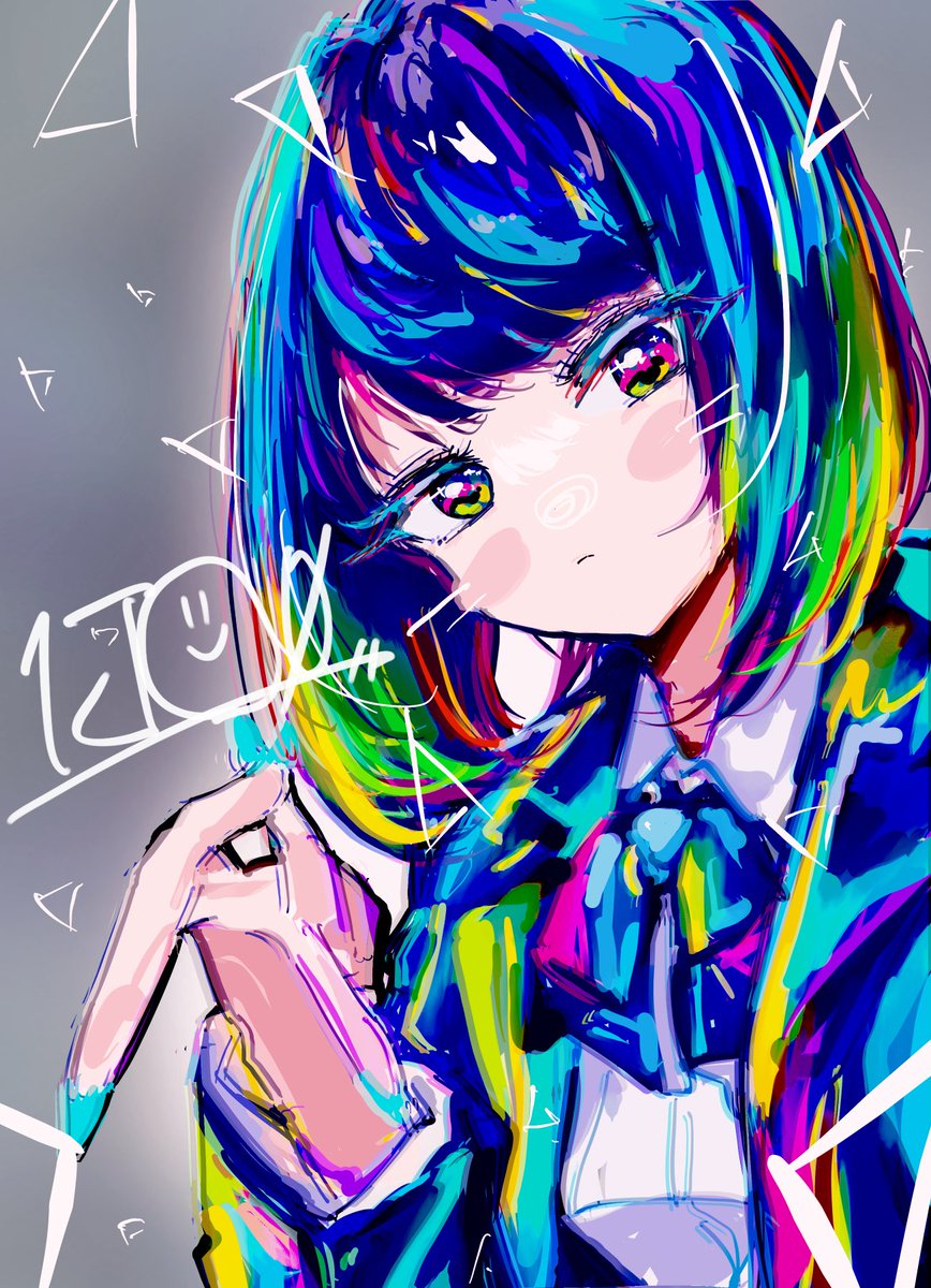 1girl solo multicolored eyes jacket upper body blue hair looking at viewer  illustration images