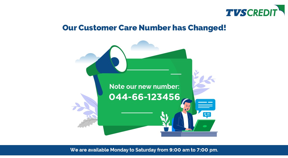 TVSCredit's tweet photo. We have a new customer care number!

You can now reach us on 044-66-123456, on Monday to Saturday, from 9:00 am to 7:00 pm. For 24/7 assistance, you can reach us on WhatsApp(+91 6385172692) or via the TVS Credit Saathi App - https://t.co/kWnWfwlRSr. https://t.co/Q1hNhhwyTp