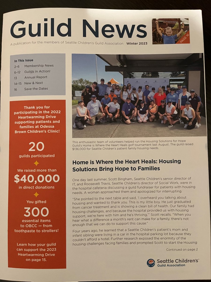 Look who made the Cover of <a href="/seattlechildren/">Seattle Children's</a>'s Guild News! #HS4H is honored! Let's make sure no patient family is #homeless 🧡