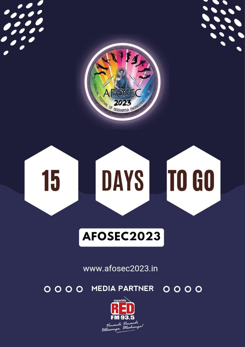 afosec2023's tweet photo. 15 days until the highly anticipated college event of the year 🎓🎉🔜 #AFOSEC2023
👉 Media Partner @RedFMTelugu
.
.
.
.
.
#vrsec #vrsiddhartha #vijayawada #AFOSEC2023 #afosec #redfm #countdown https://t.co/e9yMSFGV3O