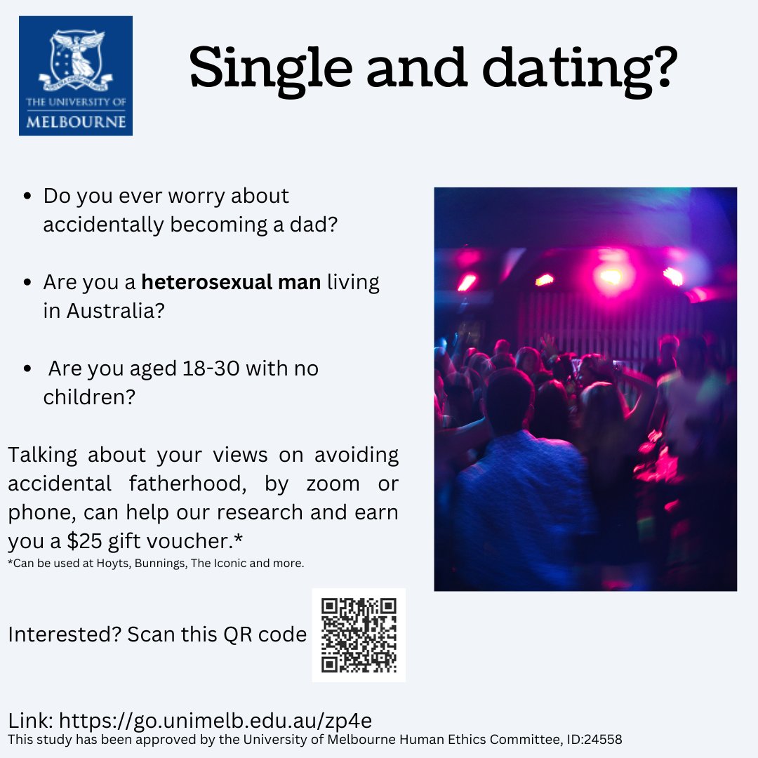 Are you a heterosexual man, aged 18-30, who lives in Australia and doesn’t have children? We would love to hear from you! Register your interest to participate in an interview about avoiding accidental fatherhood here: go.unimelb.edu.au/zp4e
