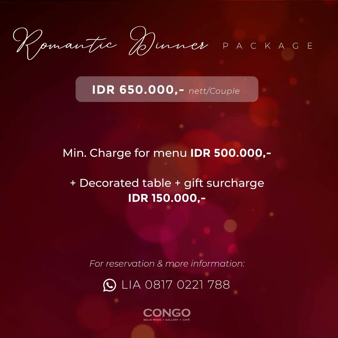 Tweeps yg lg cari romantic dinner buat Valentine nnti, cuss ke Congo Cafe. More info wa: 08170221788 (lia) #valentine #dinnerdate