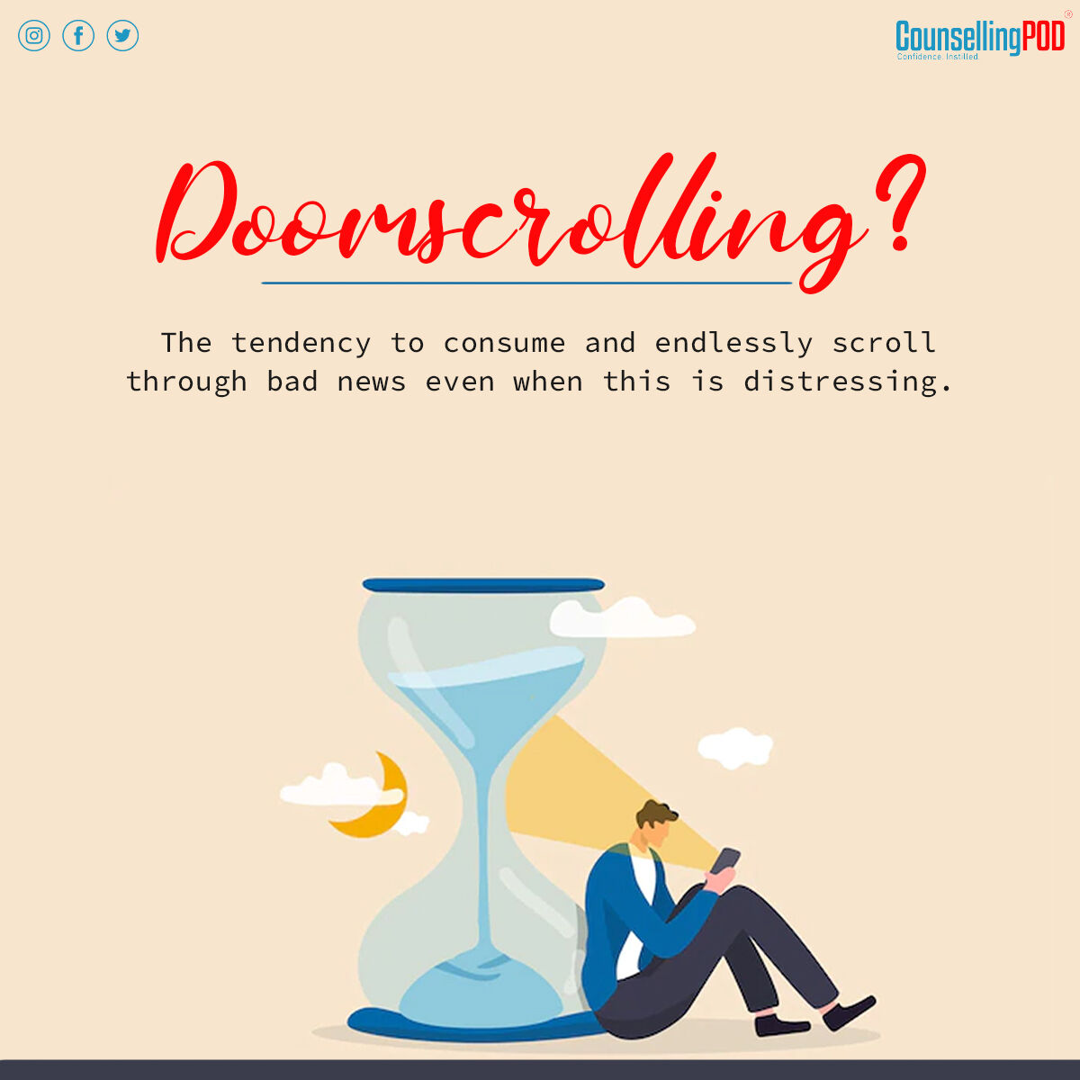 CounsellingPOD's tweet photo. The pandemic introduced numerous new words a part of our vocabulary - quarantine, lockdown, zoom and most recently, doomscrolling. 

It is linked to our inherent negativity bias and is the reason why many of us stay glued to our screens, even when the information we get makes us https://t.co/ckcTMYrTho