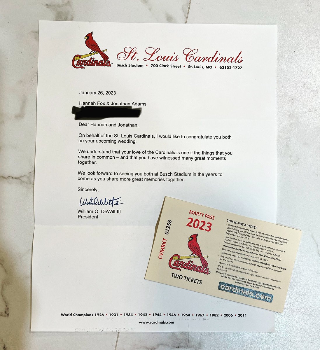 HannahFox42's tweet photo. Thanks to the @Cardinals for the tickets and well wishes! We will see you April 22nd in Seattle the night before our wedding with our friends and family (conveniently planned on our end, wouldn’t you say? 😉) And now we will have an excuse to fly home for a game at Busch. ❤️ https://t.co/o6a8G8VSsi