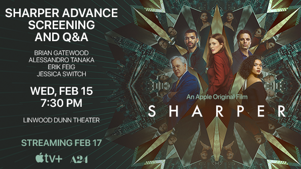 kcrw's tweet photo. KCRW and @AppleTVPlus invite you to a special advance screening of "Sharper" on Feb 15, followed by a Q&amp;A with writers Brian Gatewood and ​Alessandro Tanaka &amp; producers Erik Feig and Jessica Switch.
RSVP here: https://t.co/NAjlhF9wou https://t.co/V92SJNjXmA