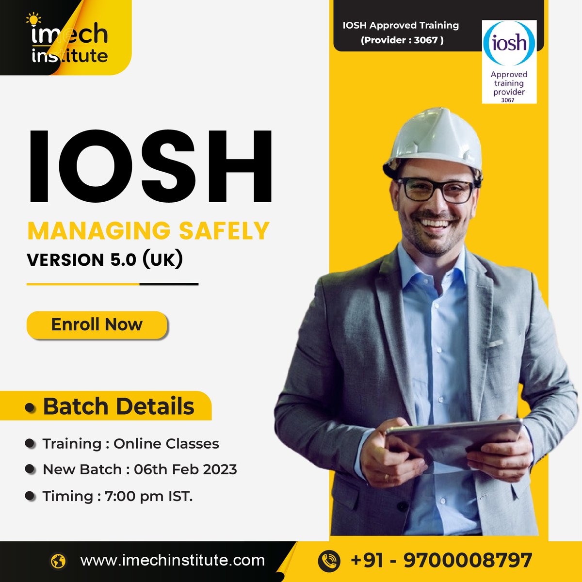 IOSH Managing Safely Version 5.0 (UK): Training at Imech. is designed for managers and supervisors in any sector, and any organization concerned with safety management. 

☞ Visit us: lnkd.in/dYB-iGa

#ioshtraining. #IOSHManagingSafely #IOSH #iosh #ManagingSafely