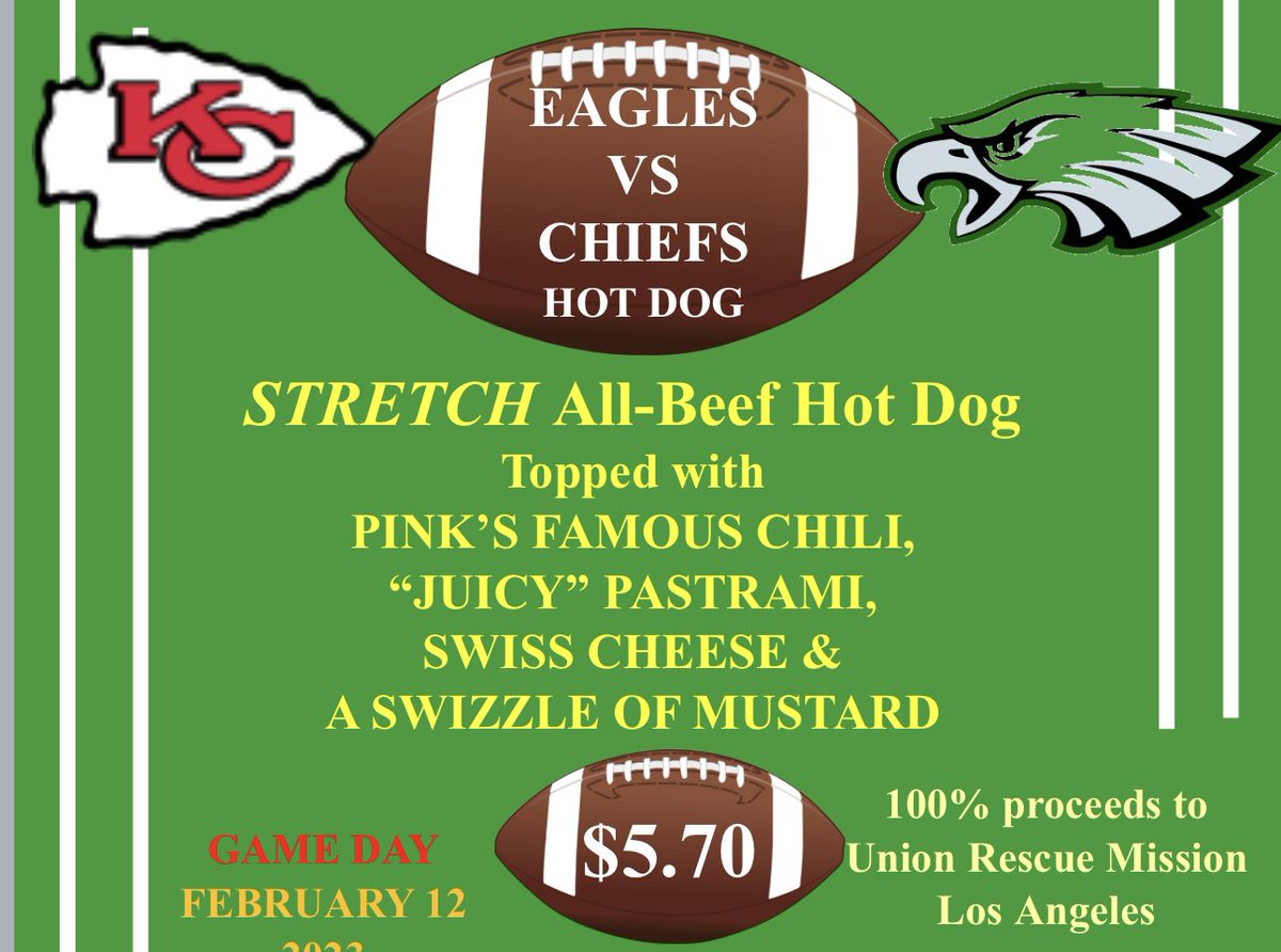 pinkshotdogs's tweet photo. We are getting excited for the #SuperBowl! Come on in and try our Eagles vs. Chiefs Hot Dog for $5.70 (57th Super Bowl). #PinksHotDogs is donating 100% to the Union Rescue Mission Los Angeles. #UnionRescueMissionLA https://t.co/4ua08dqgas
