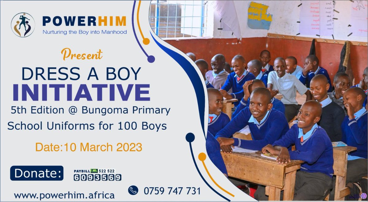 WillySwitch's tweet photo. Welcome to DABI 5 
Since 2021 Powehim has visited 4 schools, and 296 Boys has Benefited through our partner’s support.
We'll dress 100 boys at Bungoma Primary.
 @3K on 10/3/23
Shirt / Tie  @750/, Trouser @650/, Sweater @700/,Shoe /Socks 900/
Donate now 522 522 Acc 6093569 https://t.co/iIZc43QCac