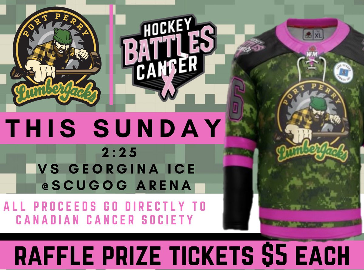 🎀HOCKEY BATTLES CANCER GAME🎀

This Sunday, your LumberJacks will be wearing these hockey battles cancer themed jerseys in support of the Canadian Cancer Society.

Raffle prizes to be won, tickets are $5. All proceeds go directly to Canadian Cancer Society!

Come out and support