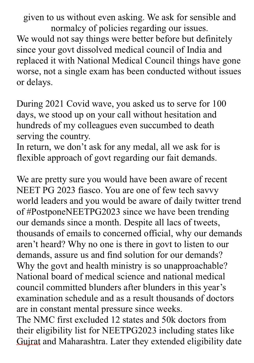 medicomessi's tweet photo. An open letter to @narendramodi @PMOIndia from #NEETPG2023 aspirant. Thousands of us doctors are under extreme mental stress, no one is responding to our fair demands. We kindly put our demands to you mr prime minister ji, we hope you would interfere soonest. #POSTPONENEETPG2023 https://t.co/Tdw4AcTD5b