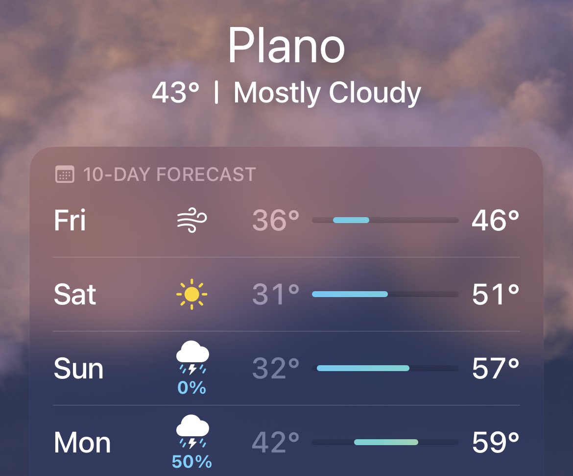 jennnnnzilla's tweet photo. @mandawithluv Apple weather is messed up. They tell me I have a 0% chance of thunderstorms Sunday but still show the thunderstorm icon https://t.co/3aYfg19ZCe