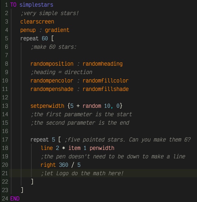 TurtleSpaces's tweet image. Our last artSpace tweet of the day is this simple #star generator, once again using graduated penwidths to create randomly colored and positioned #stars in 10 #linesofcode --
turtlespaces.org/weblogo/?pub=3…
Back tomorrow with more examples in designSpace! #logocoding #turtleart