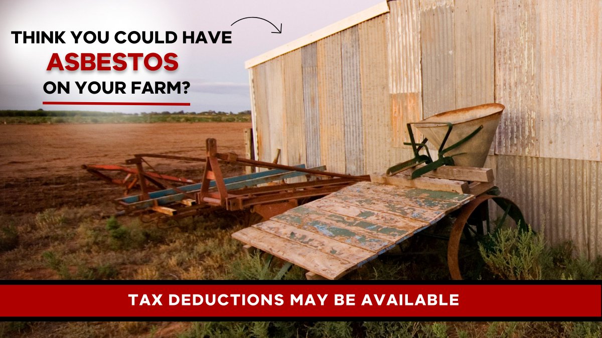 LVasbestos's tweet photo. Did you know tax deductions for environmental protection activities including asbestos testing, removal, and disposal may be available? 
If you think you could potentially have asbestos on your farm, you can find out more here: https://t.co/vKaksZeXIa 
#asbestos #farm #tax https://t.co/Rfi9DT4B4J